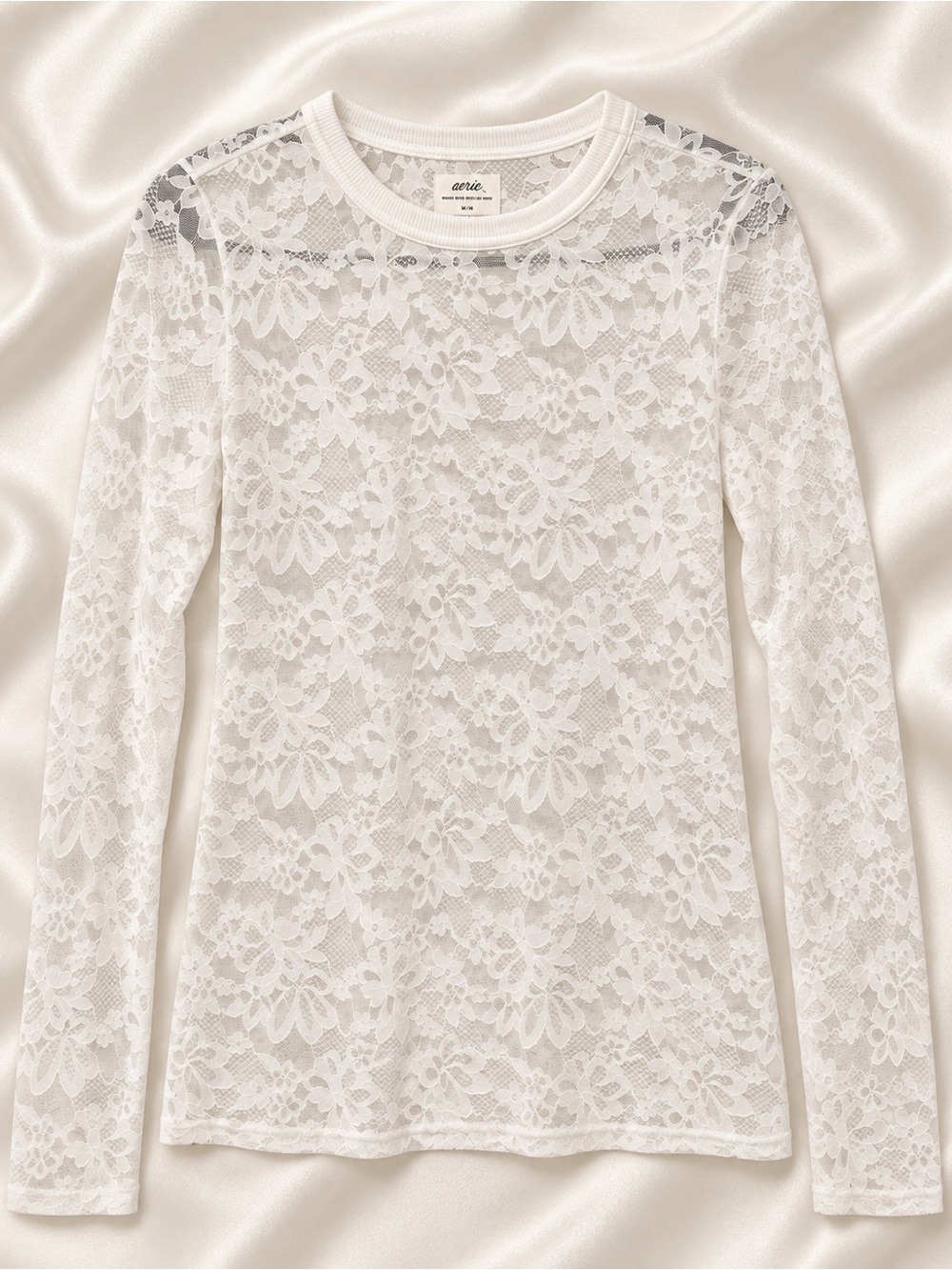 Aerie White Floral Lace Sheer Long Sleeve Top Women’s M